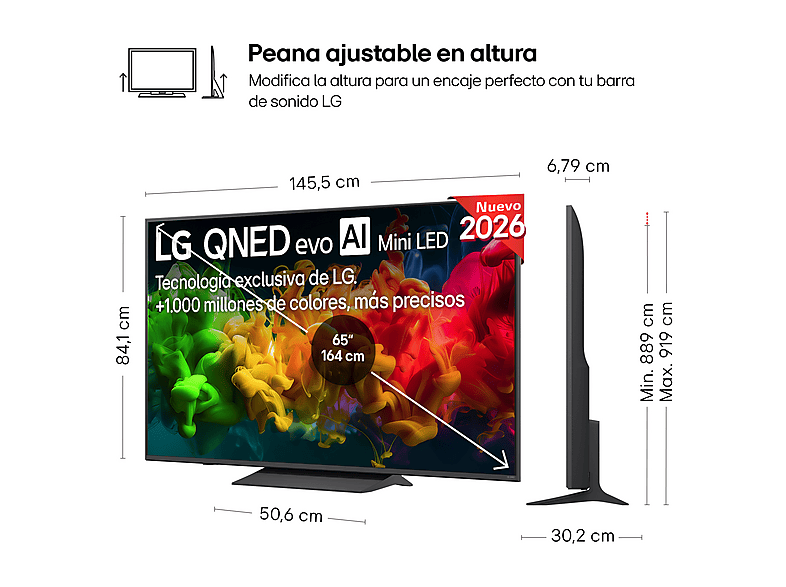 TV QNED Mini LED 65" - LG 65QNED81B6A, UHD 4K, Procesador Inteligente α7 AI Processor 4K Gen9, Smart TV, DVB-T2 (H.265), Negro