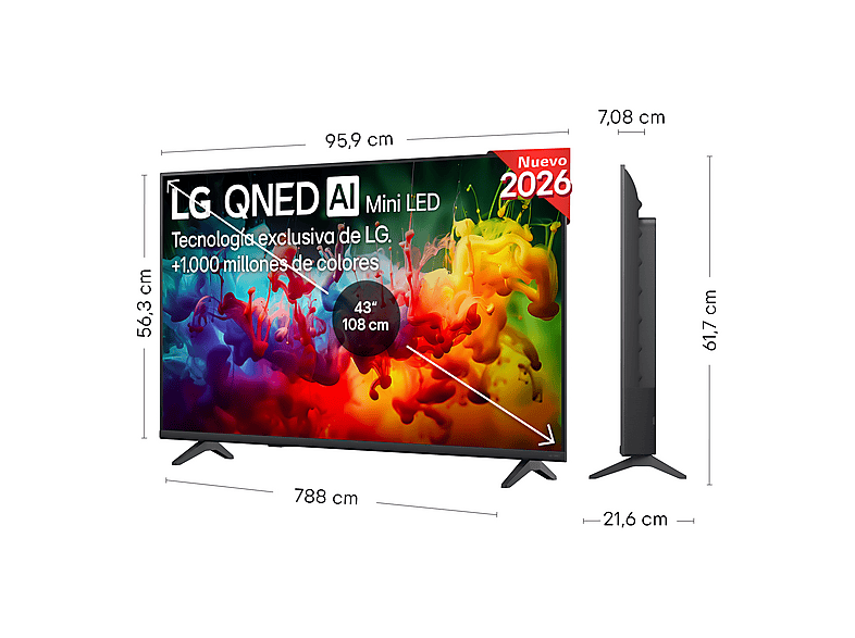 TV QNED Mini LED 43" - LG 43QNED72B6B, UHD 4K, Procesador Inteligente α7 AI Processor 4K Gen9, Smart TV, DVB-T2 (H.265), Negro