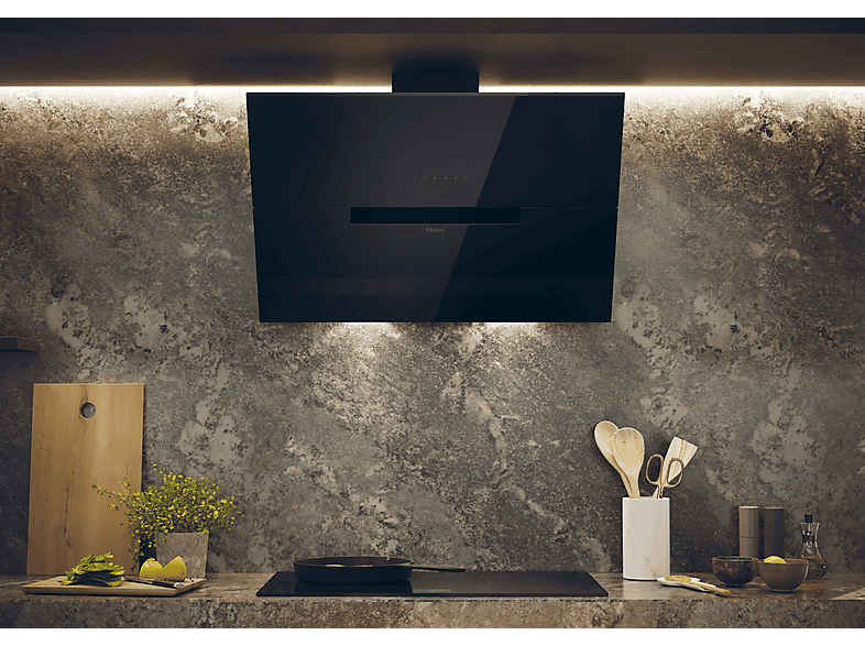 Campana decorativa - Haier HADG9CBS4BWIFI, 5 velocidades, 624 m³/h, 900 mm, Negro