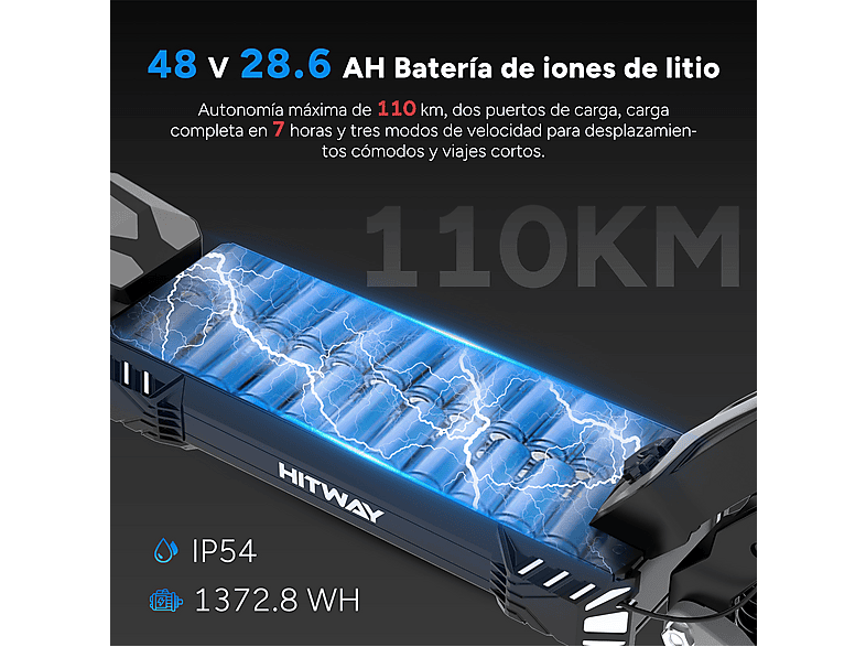 Patinete eléctrico - Hitway H10P, Pot. máx. 1600 W, Carga máx. 120 kg, 28600,00 mAh
