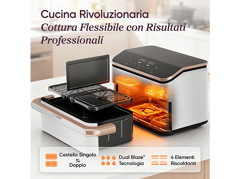 Freidora de aire - Cosori Twinfry Chef Edition, 2800 W, 10 l, Blanco