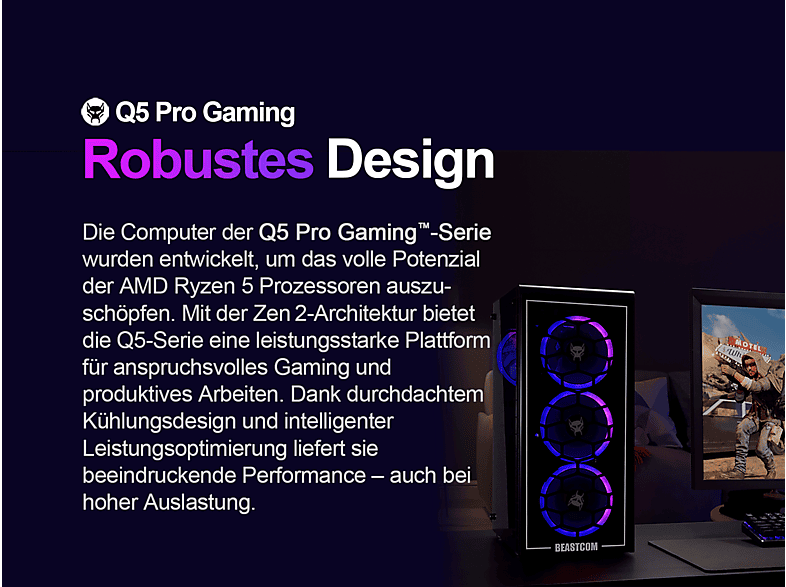 PC Gaming - Beastcom Q5 | Pro Gaming, AMD Ryzen™ 5 4500, 16 GB RAM, 512 GB SSD, GeForce RTX™ 3050, Windows 11 Home, Negro