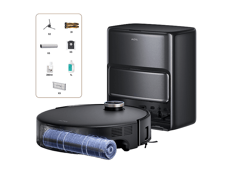 Robot aspirador - MOVA Tech Z60 Ultra Roller Complete, 700 W, Potencia de succión 28000 kPa, Depósito 0,24 l, Autonomía 1 min, Negro