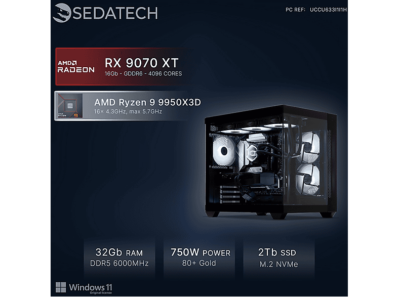 PC Gaming - Sedatech UCCU633I1I1HF, AMD Ryzen 9 9950X3D 16x 4.3Ghz (max 5.7Ghz), 32 GB RAM, 2000 GB SSD, Radeon™ RX 9070 XT, Windows 11 Home, Negro