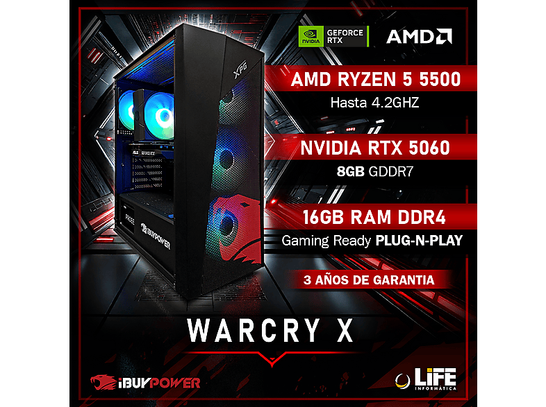 PC Gaming - Ibuypower Fighter Warcry X Lite, Ryzen 5 5500, 16 GB RAM, 1 TB SSD, GeForce RTX™ 5060, Windows 11 Pro, Negro