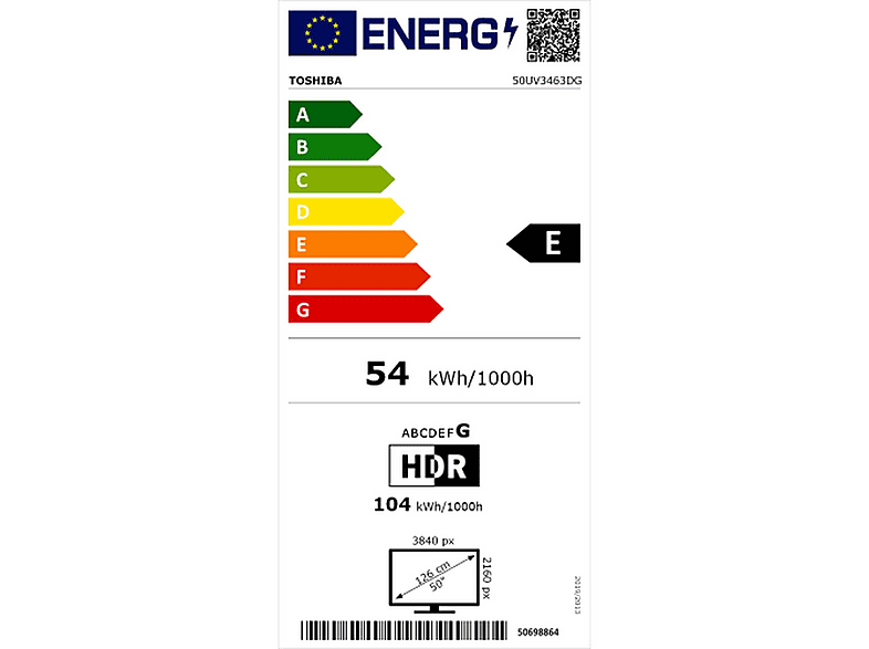 TV DLED 50" - Toshiba 50UV3463DG, UHD 4K, Smart TV, DVB-T2 (H.265), Negro