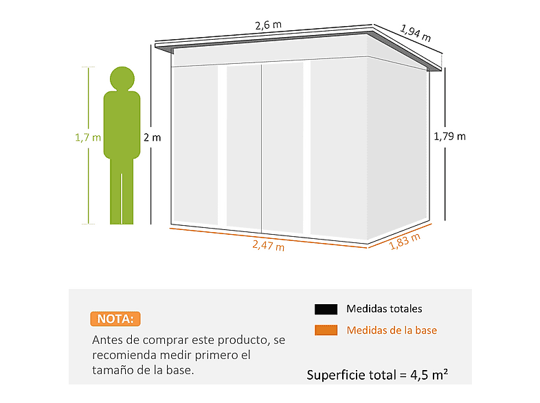 Caseta de Jardín - Outsunny 845-174V01GN, 194 cm x 260 cm x 200 cm, Acero Galvanizado, Verde Oscuro