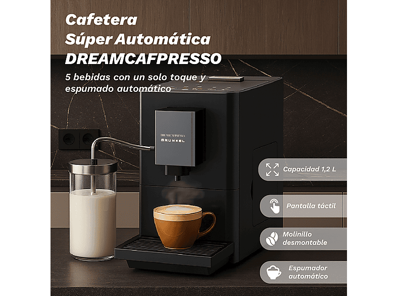 Cafetera superautomática - Grunkel DREAMCAFPRESSO, 20 bar, 1350 W, Black