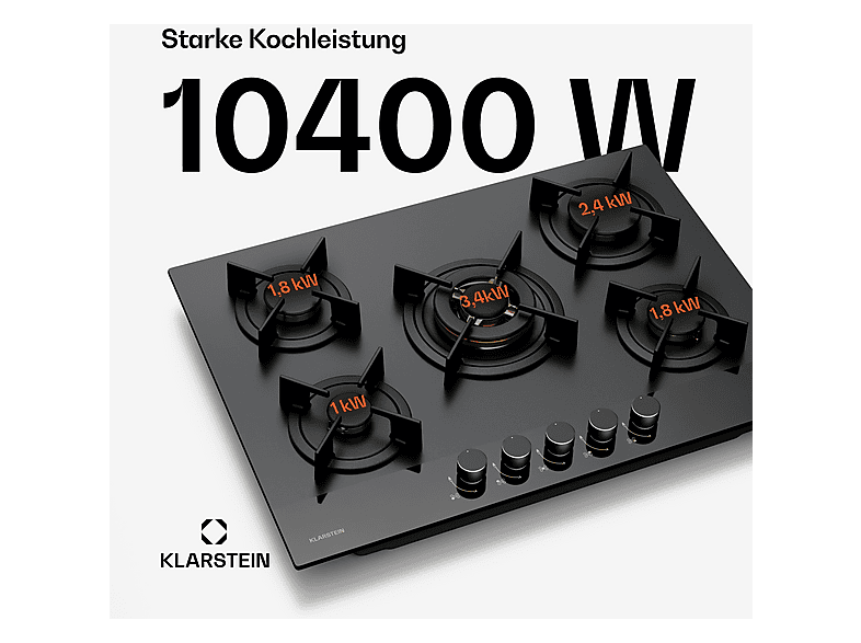 Placa de gas - Klarstein Goldflame Nano Matte, 5 zonas, 70 cm, Negro