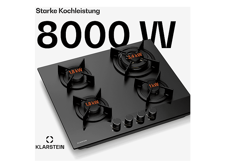 Placa de gas - Klarstein Goldflame Nano Matte, 4 zonas, 60 cm, Negro
