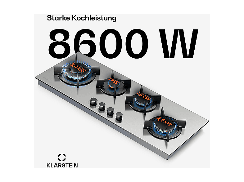 Placa de gas - Klarstein Goldflame Slim, 4 zonas, 90 cm, Plata