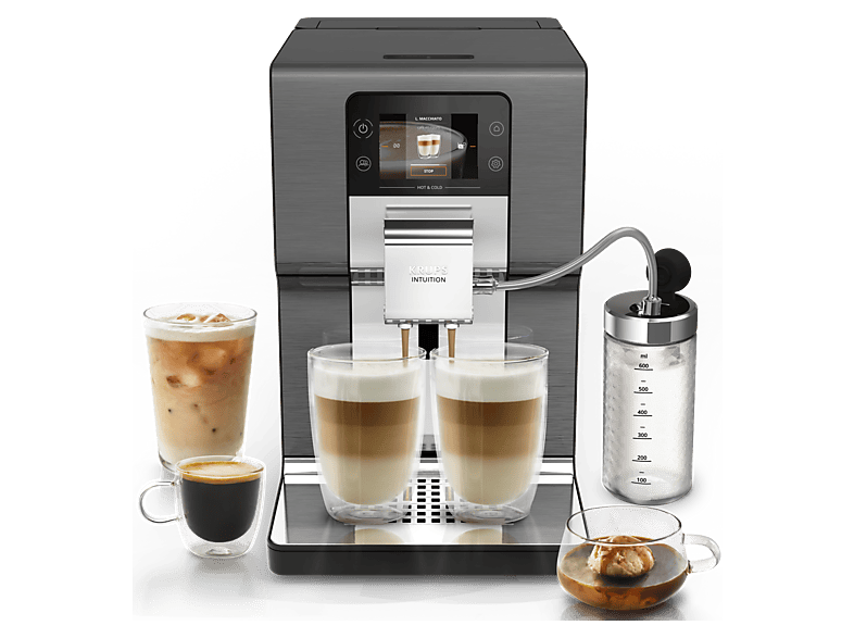 Cafetera superautomática - Krups Intuition Experience Hot&Cold, Pantalla táctil, 36 Recetas, Jarra de leche, Titanio, 15 bar, 2 tazas, Negro