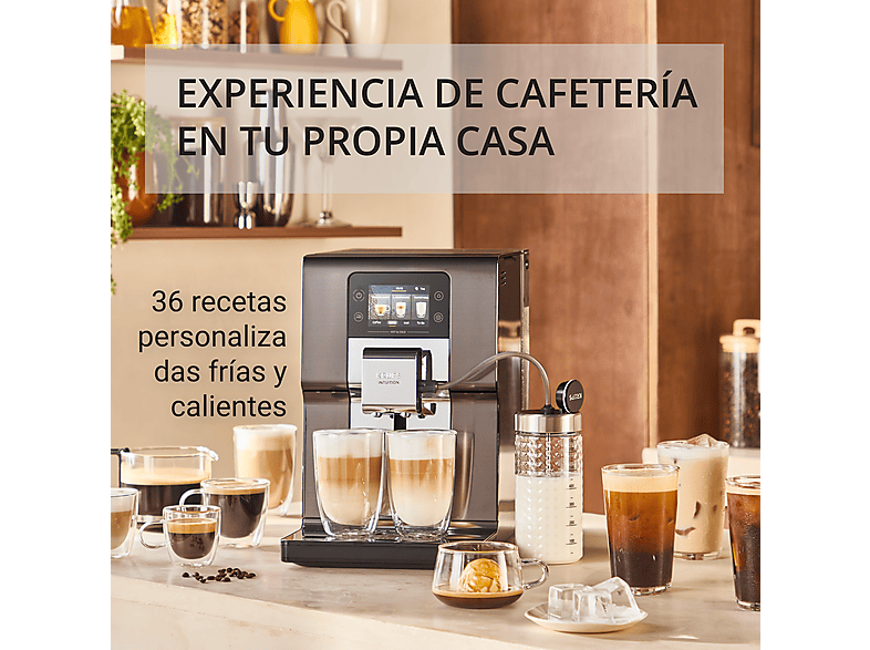 Cafetera superautomática - Krups Intuition Experience Hot&Cold, Pantalla táctil, 36 Recetas, Jarra de leche, Titanio, 15 bar, 2 tazas, Negro