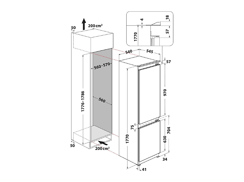 Frigorífico combi integrable - Whirlpool WHC18D031A1, Less Frost, 177 cm, 268 l, Fresh Box+, Tecnología 6th sense, Blanco