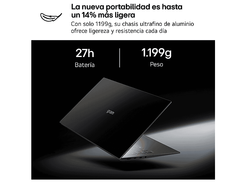 Portátil - LG Gram Pro 16Z90U-K.AUB8BN Copilot+ PC, 16" WQXGA+, Intel® Core™ Ultra X7 358H 50 TOPS, 32GB RAM, 1 TB SSD, Windows 11 Home, Sin cargador