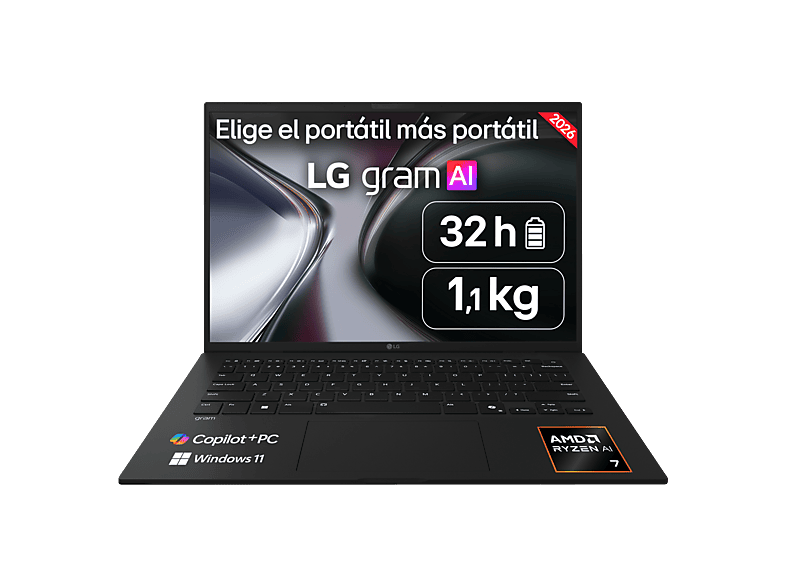 Portátil - LG Gram 14Z95U-G.AU85BN Copilot+ PC, 14" WUXGA, AMD Ryzen™ AI 7 450 50 TOPS, 32GB RAM, 512 GB SSD, Windows 11 Home, Sin cargador