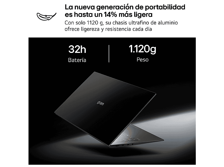 Portátil - LG Gram 14Z95U-G.AU85BN Copilot+ PC, 14" WUXGA, AMD Ryzen™ AI 7 450 50 TOPS, 32GB RAM, 512 GB SSD, Windows 11 Home, Sin cargador