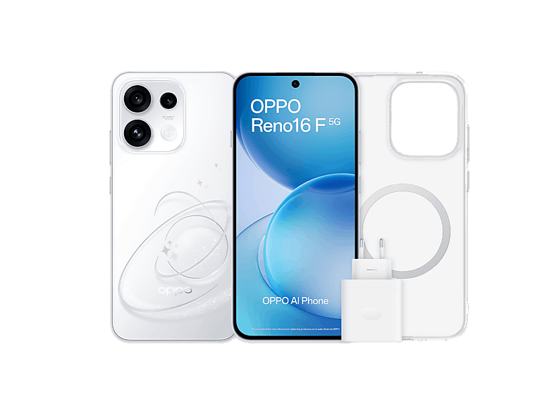 Móvil - Oppo Bundle Reno16 F, Blanco, 256 GB, 8 GB RAM, 6.57" AMOLED, Mediatek Dimensity 7300, 6500 mAh, Incluye Funda y Cargador