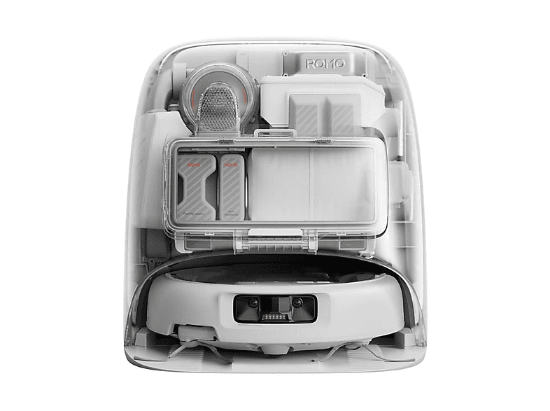 Robot aspirador - DJI ROMO P, 55 W, Potencia de succión 25 kPa, Depósito 260 ml, Autonomía 180 min, Transparente