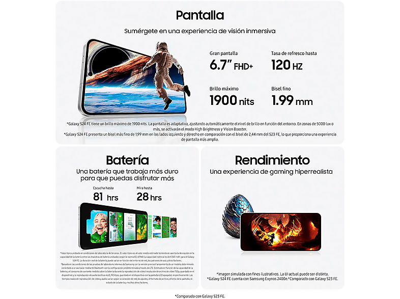 Smartphone - Samsung Galaxy S24 FE, Grey, Móvil Android, 128 GB, 8 GB RAM, 6,7 " Dynamic AMOLED 2X, 4700 mAh