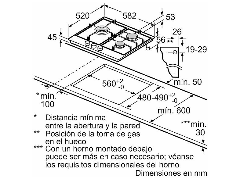 Placa de gas - Balay 3ETX563CB, 3 zonas, Gas butano, 65,1 cm, Acero