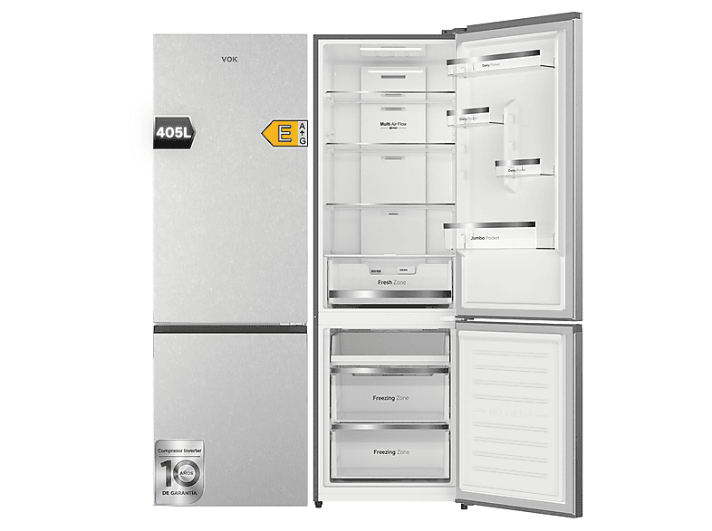 Frigorífico combinado - Vok EVR-405NEI, Compresor Inverter, No Frost, Altura 185,5 cm, Capacidad 405 l, Inox