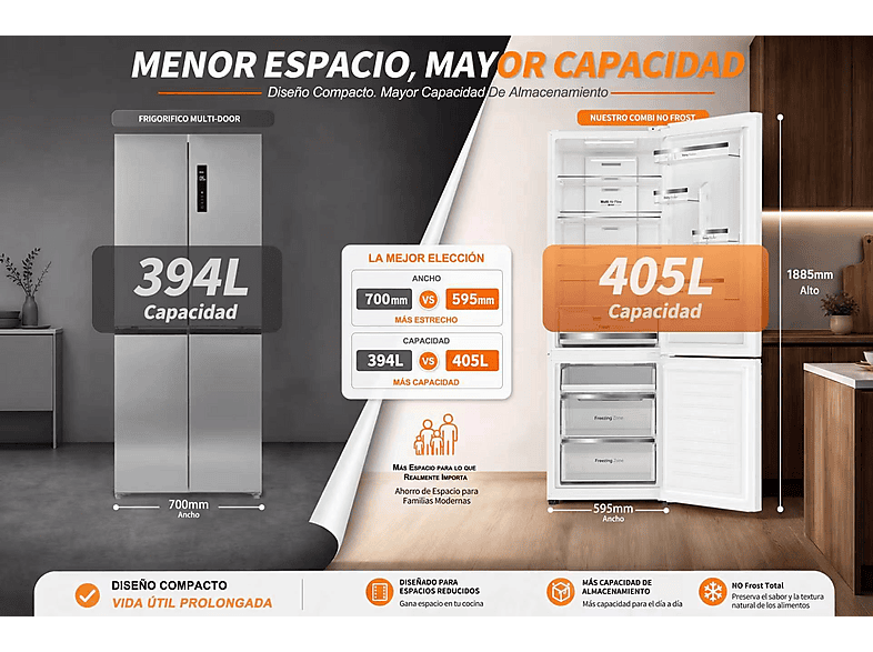 Frigorífico combinado - Vok EVR-405NEI, Compresor Inverter, No Frost, Altura 185,5 cm, Capacidad 405 l, Inox
