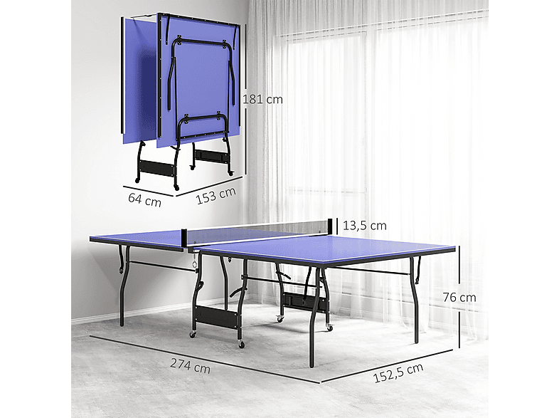 Mesa de ping pong - Sportnow Plegable, Tamaño Estándar, 4 Ruedas, Red, 2 Paletas, 3 Pelotas, Interior y Exterior, 274x152,5x76, a partir de 10 año(s)