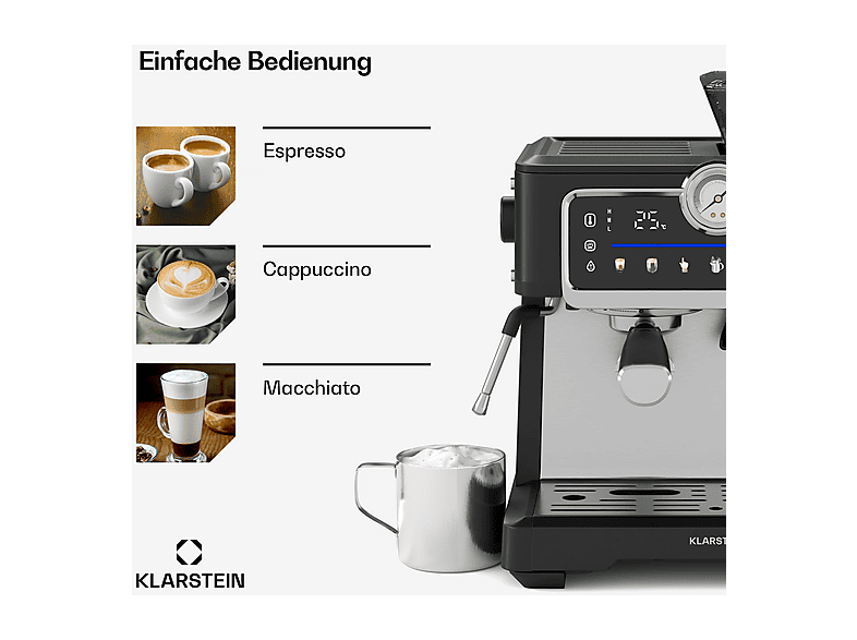 Cafetera espresso - Klarstein GrandPressoTouch, 1530 W, Negro