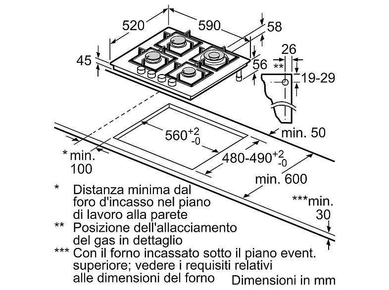 Placa de gas - Bosch Serie 6 PPH6A6I10, 4 zone(s) zonas, 590 mm, Negro