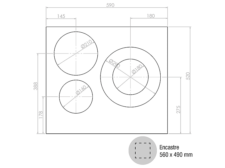 Placa de inducción - Pando One IND-60, 3 zonas, 590 mm, Cristal Negro