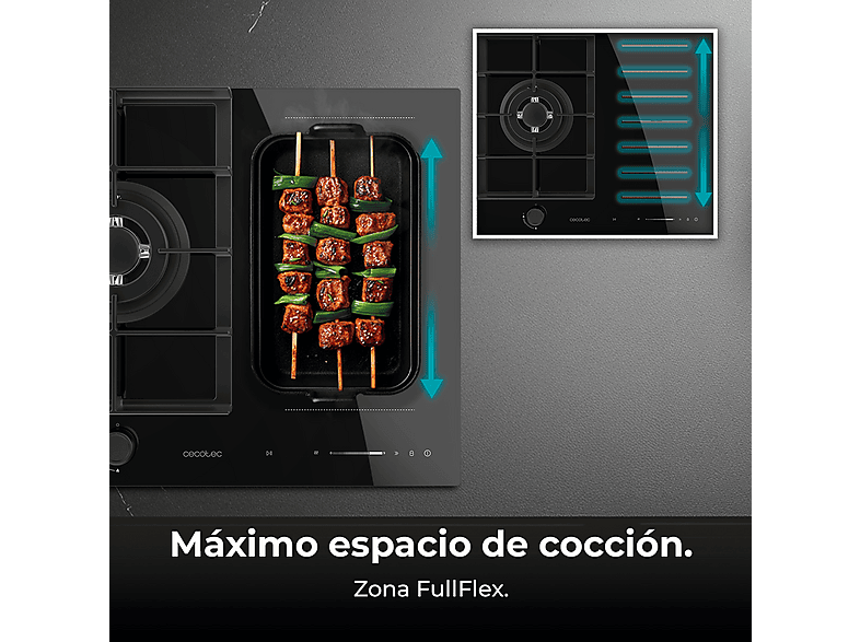 Placa de gas - Cecotec Bolero Squad GI 3500 Hybrid FullFlex, 3 zonas, 58,5 cm, Negro