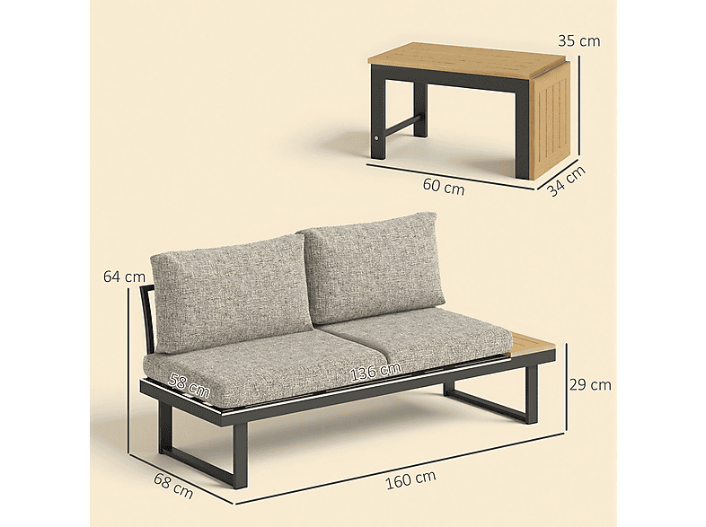 Conjunto de Jardín - Outsunny 84G-586V01LG, 68 cm x 160 cm x 64 cm, Aluminio, Tela de Fibra, Gris Claro