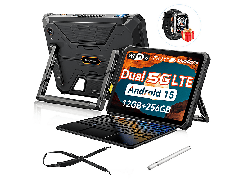 Tablet - Blackview Active 12 PRO 5G con teclado y correa, 256 GB, Negro, 11 " Full-HD+, 12 GB RAM, MediaTek Dimensity 7300 (Ocho núcleos)