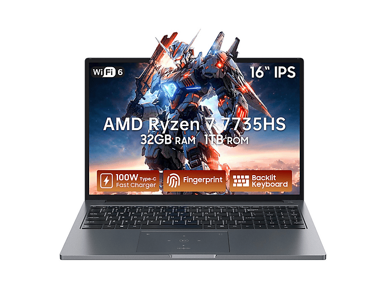 Portátil gaming - Blackview GamiBook 8, 16 " Full-HD, AMD Ryzen™ 7 7735HS, 32 GB RAM, 1 TB SSD, Radeon™ 680M, Windows 11 Pro, idioma del teclado: US