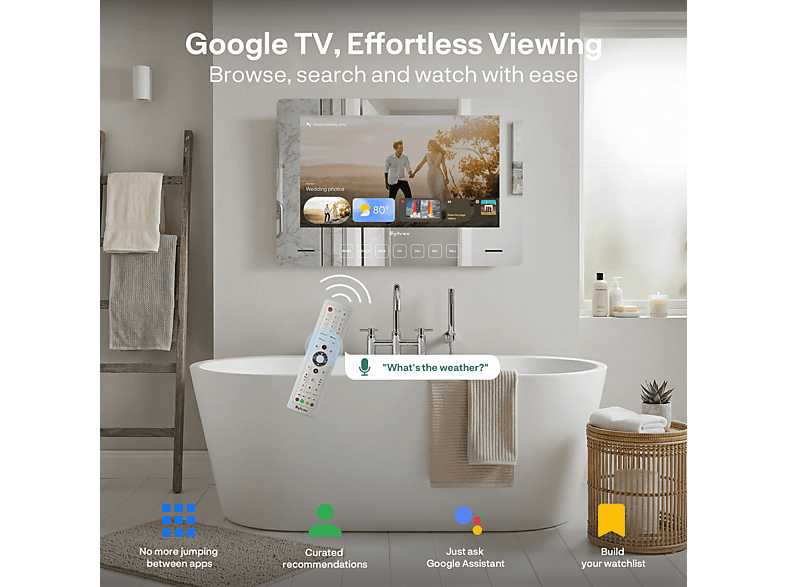 TV LCD 32" - Sylvox Espejo de baño inteligente, impermeable, 12V, UFHD, Smart TV, DVB-T2 (H.265), Blanco