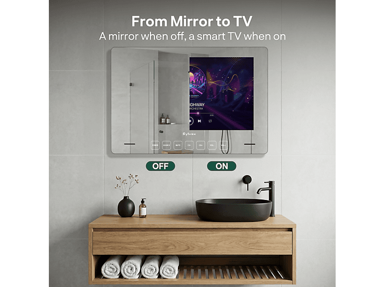 TV LCD 32" - Sylvox Espejo de baño inteligente, impermeable, 12V, UFHD, Smart TV, DVB-T2 (H.265), Blanco