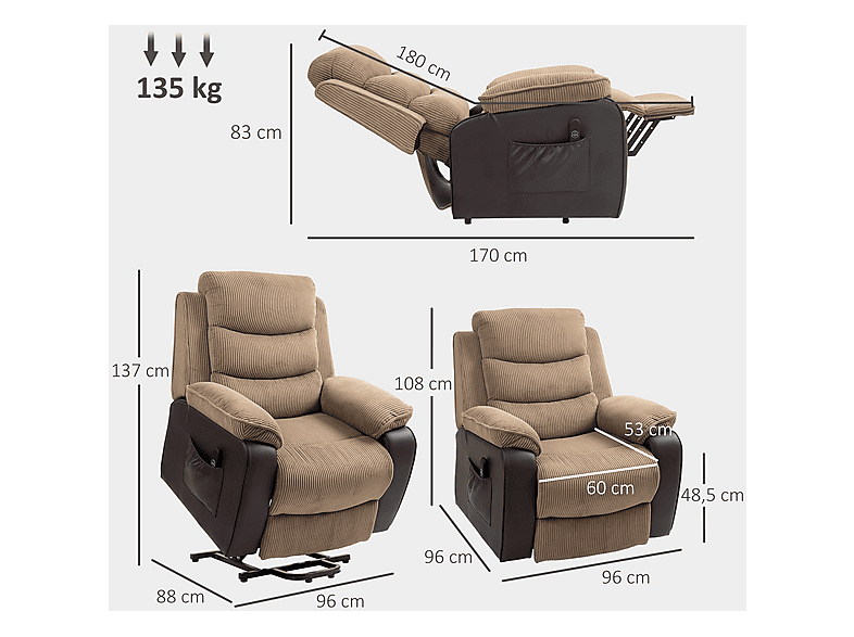 Sillón levanta personas - Homcom 713-178V92BN, 46 kg, Marrón