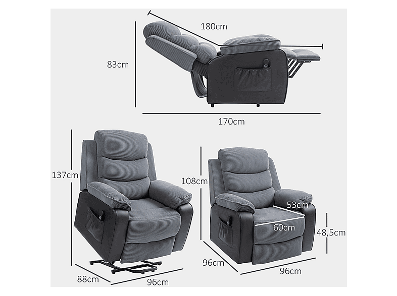 Sillón levanta personas - Homcom 713-178V92CG, 46 kg, Gris Oscuro