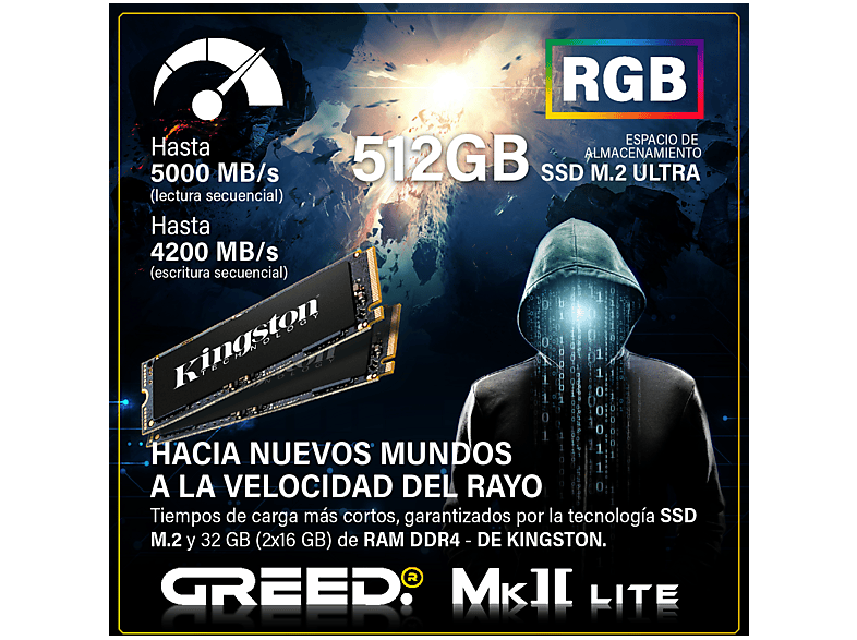 PC Gaming - Greed MK2 Intel Lite | Gaming Ordenador / Computer, Intel Core i5 10400F, 32 GB RAM, 512 GB SSD, GeForce RTX™ 3050, Windows 11 Pro, Negro