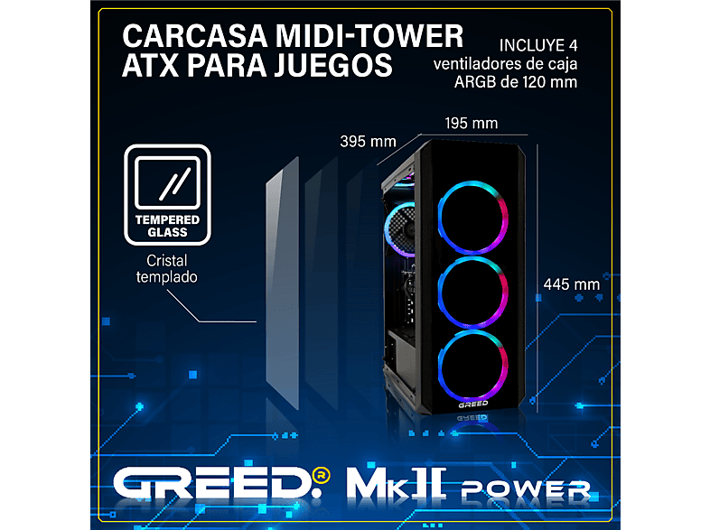PC Gaming - Greed MK2 Power AMD | Gaming Ordenador / Computer, AMD Ryzen 7, 16 GB RAM, 1 TB SSD, Radeon™ RX 9070, Windows 11 Pro, Negro