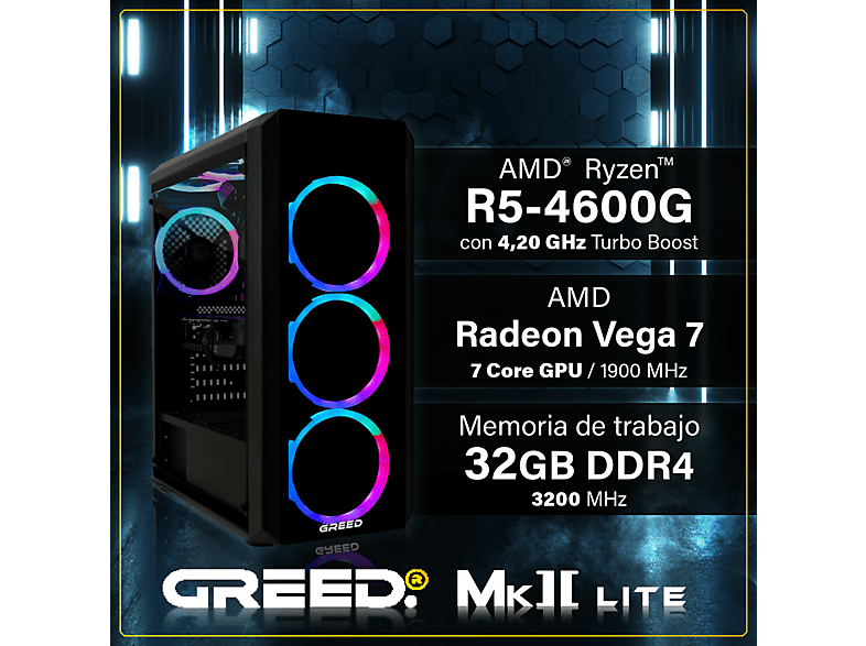 PC Gaming - Greed MK2 AMD Lite | Gaming Ordenador / Computer, AMD Ryzen 5, 32 GB RAM, 512 GB SSD, Radeon™ RX Vega 7, Windows 11 Pro, Negro