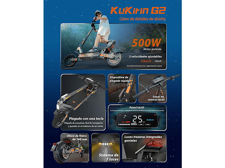 Patinete eléctrico - Kukirin G2 VMP, Pot. máx. 48 V, Carga máx. 120 kg, 15600 mAh, Negro (ref. 174370766)