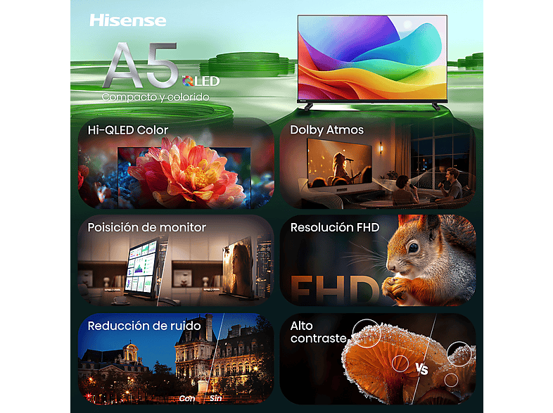 TV QLED 40" - Hisense 40A5S, Full-HD, NT72690, Smart TV, DVB-T2 (H.265), Negro