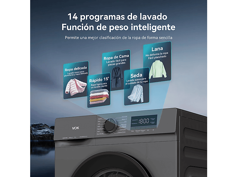 Lavadora de carga frontal - Vok EVW-8BAGL2412, Motor Inverter, 10 kg, 1200 rpm, 14 programas, Blanco