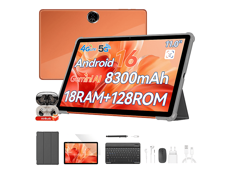 Tablet - Blackview ZENO 5 con Auriculares Bluetooth, 128 GB, Naranja, 11 " HD, 6 GB RAM, UMS9230E(T7250), Tablet Android