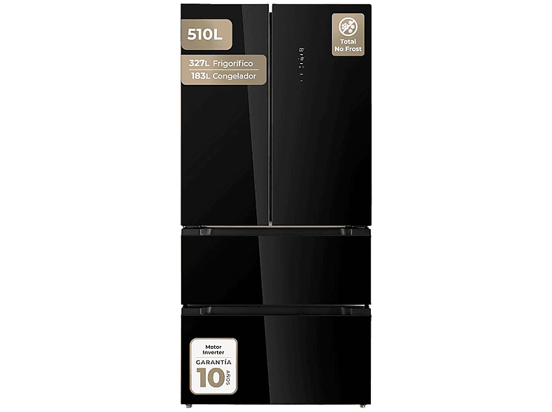 Frigorífico Americano - Evvo F80B Glass, No Frost, Compresor, Altura 183 cm, Cristal Negro