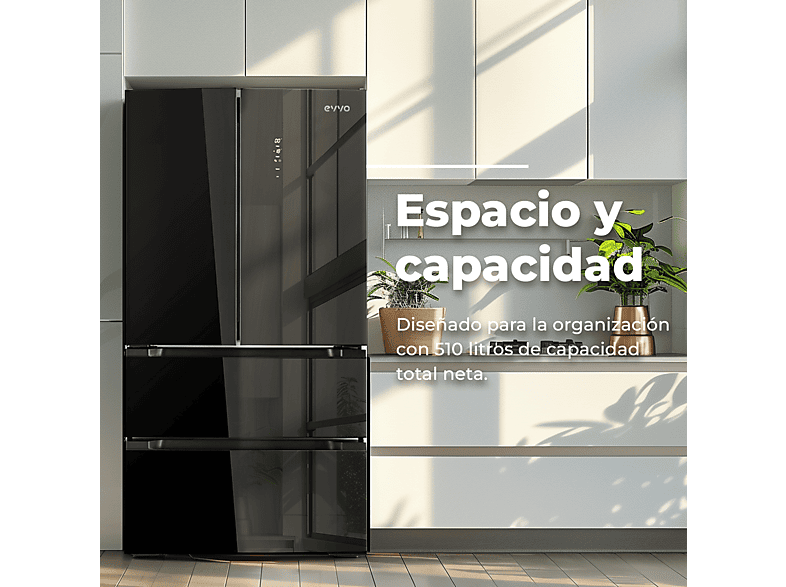 Frigorífico Americano - Evvo F80B Glass, No Frost, Compresor, Altura 183 cm, Cristal Negro