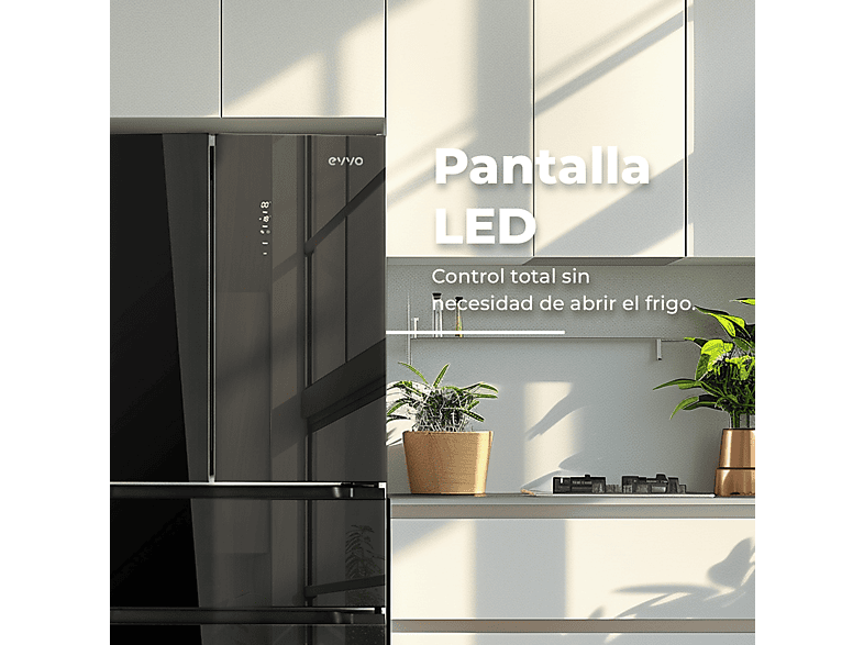 Frigorífico Americano - Evvo F80B Glass, No Frost, Compresor, Altura 183 cm, Cristal Negro