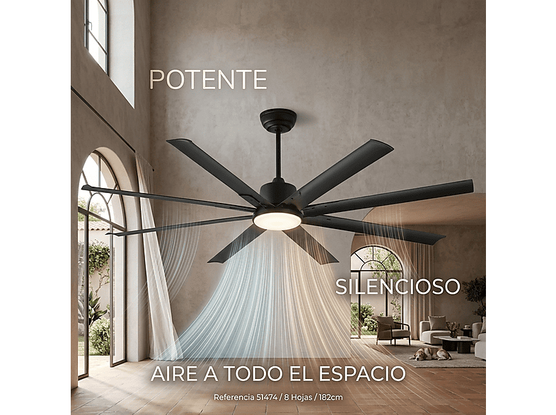 Ventilador de techo - Seleok NAPOLI_182, 6 velocidades, Negro